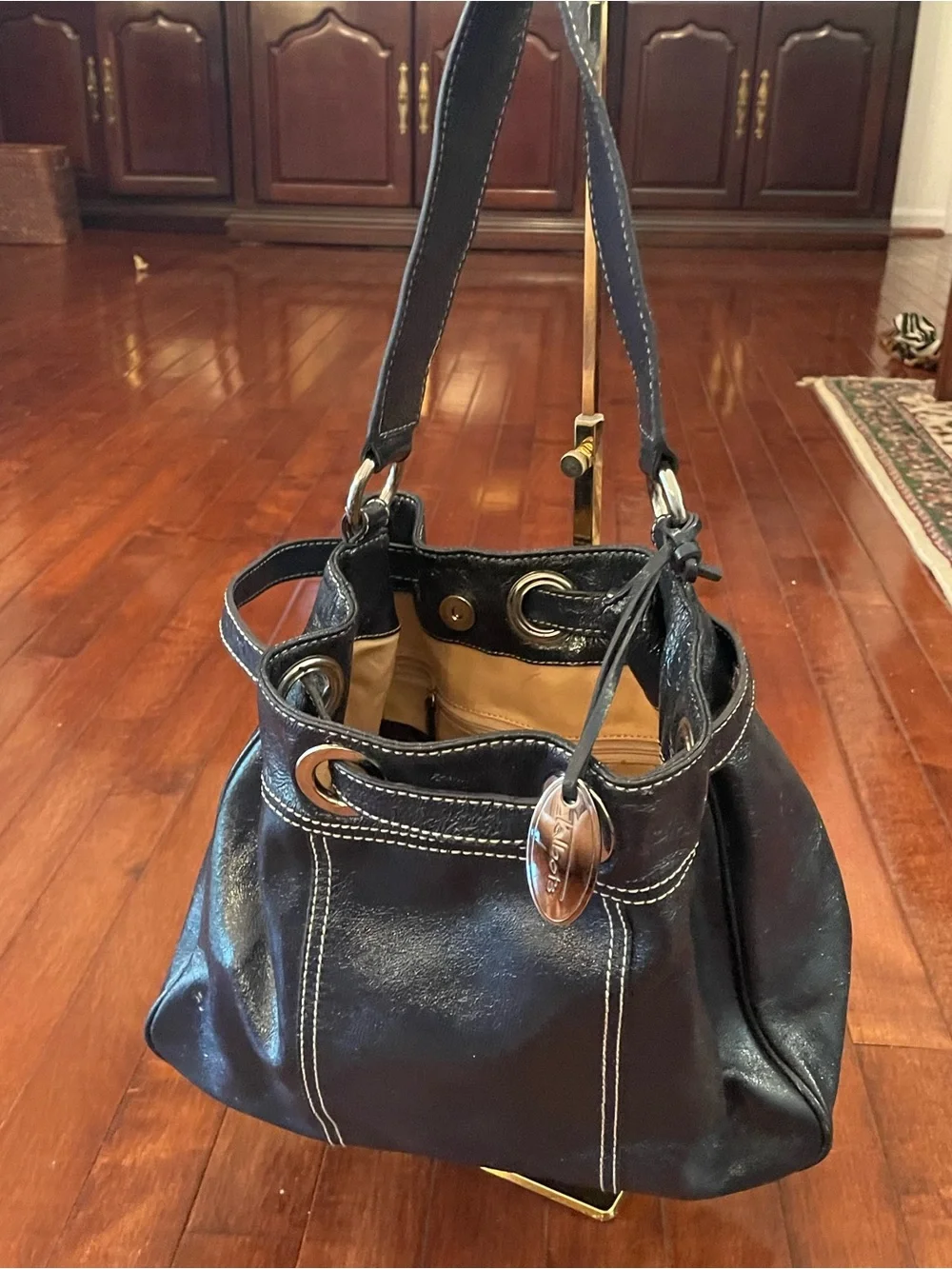 Vintage Talbots Navy Patent Leather Handbag W/ Silver Hardware
